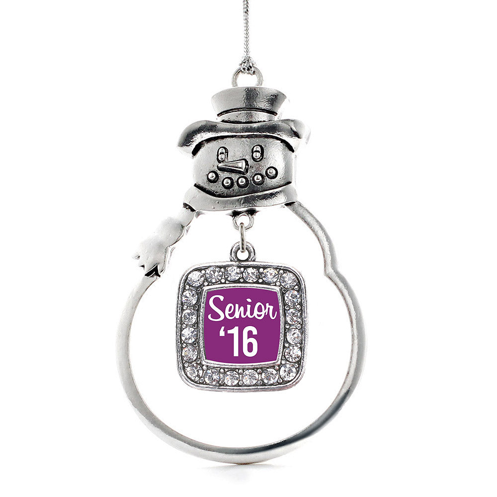 Silver Purple Senior '16 Square Charm Snowman Ornament