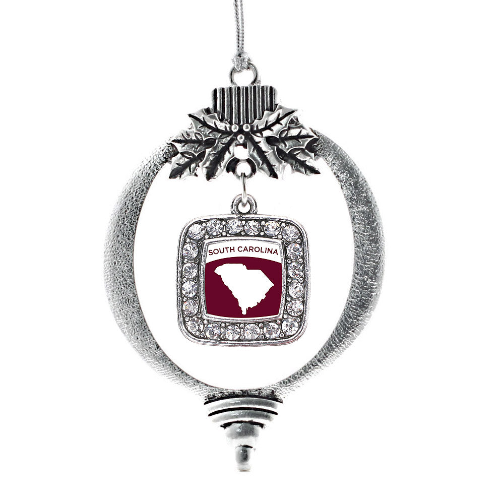 Silver South Carolina Outline Square Charm Holiday Ornament