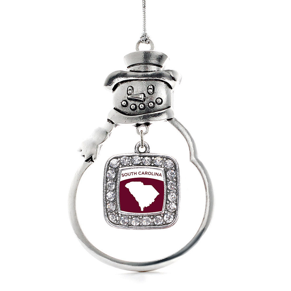 Silver South Carolina Outline Square Charm Snowman Ornament
