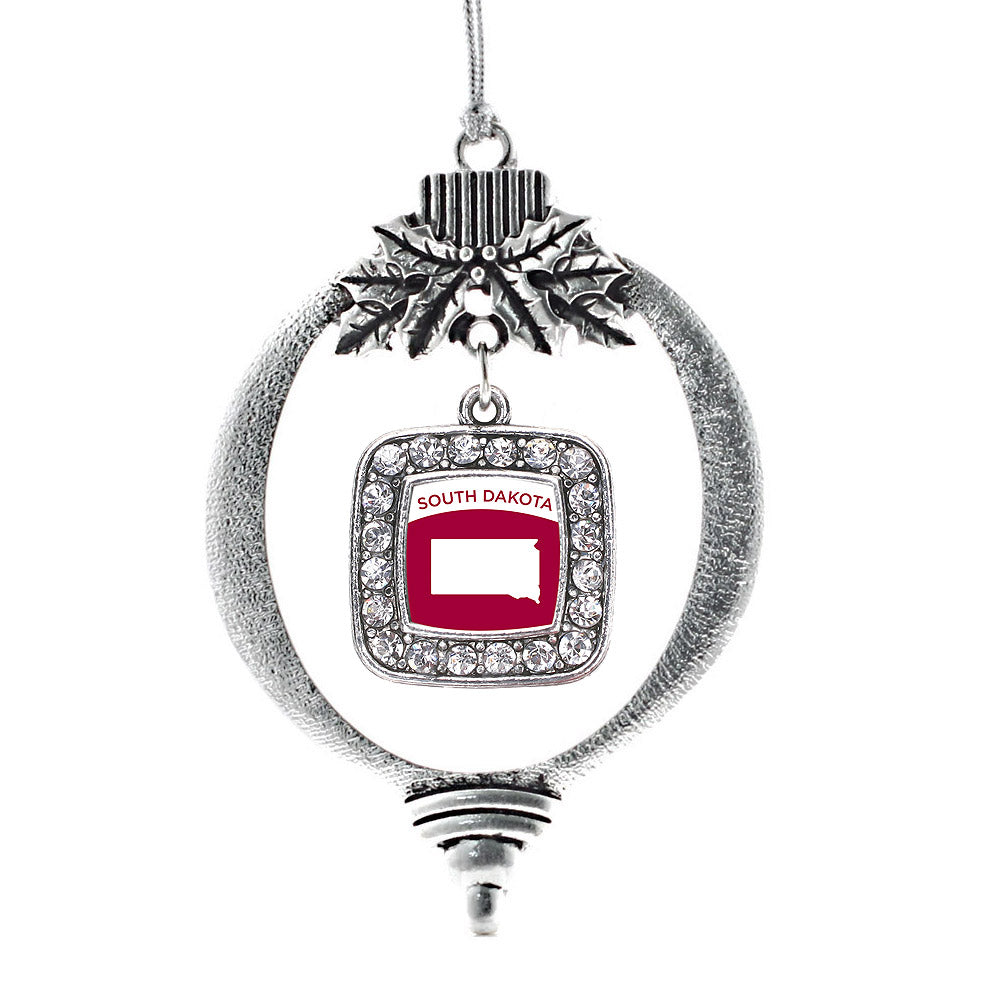 Silver South Dakota Outline Square Charm Holiday Ornament