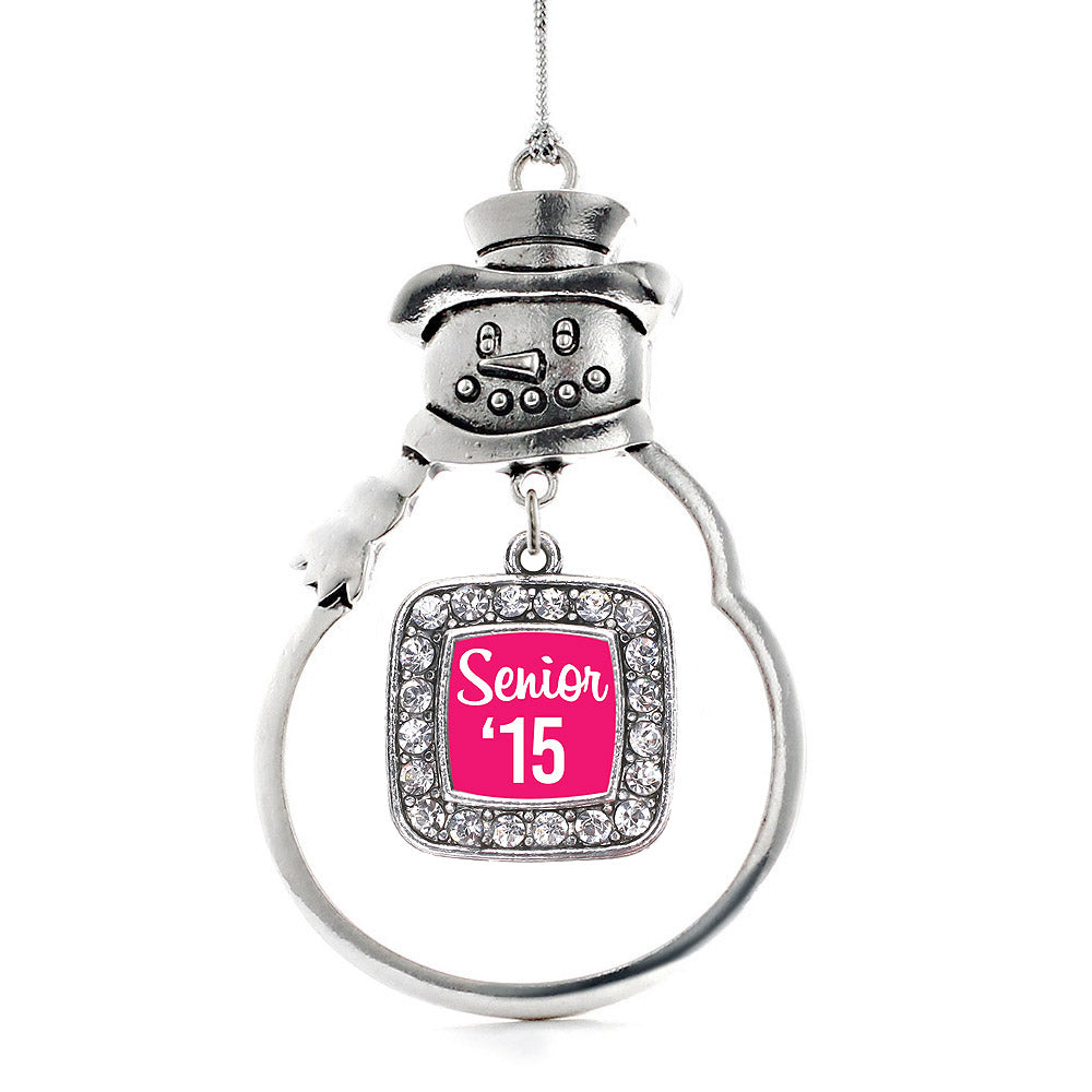 Silver Fuchsia Senior '15 Square Charm Snowman Ornament