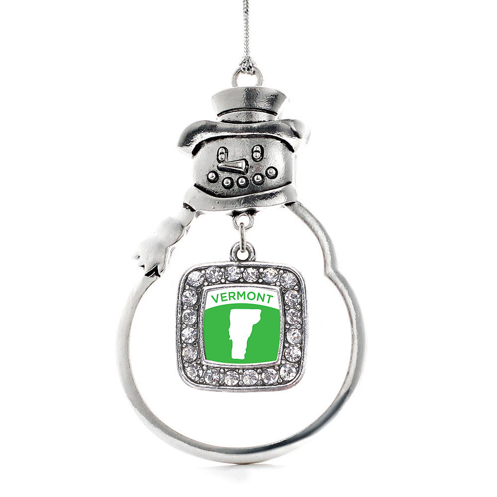 Silver Vermont Outline Square Charm Snowman Ornament
