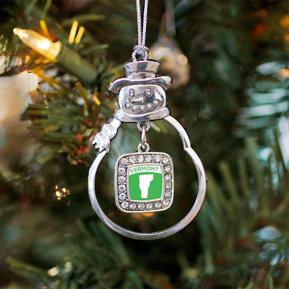 Silver Vermont Outline Square Charm Snowman Ornament