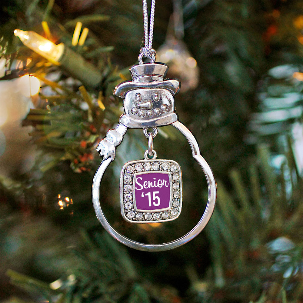 Silver Purple Senior '15 Square Charm Snowman Ornament