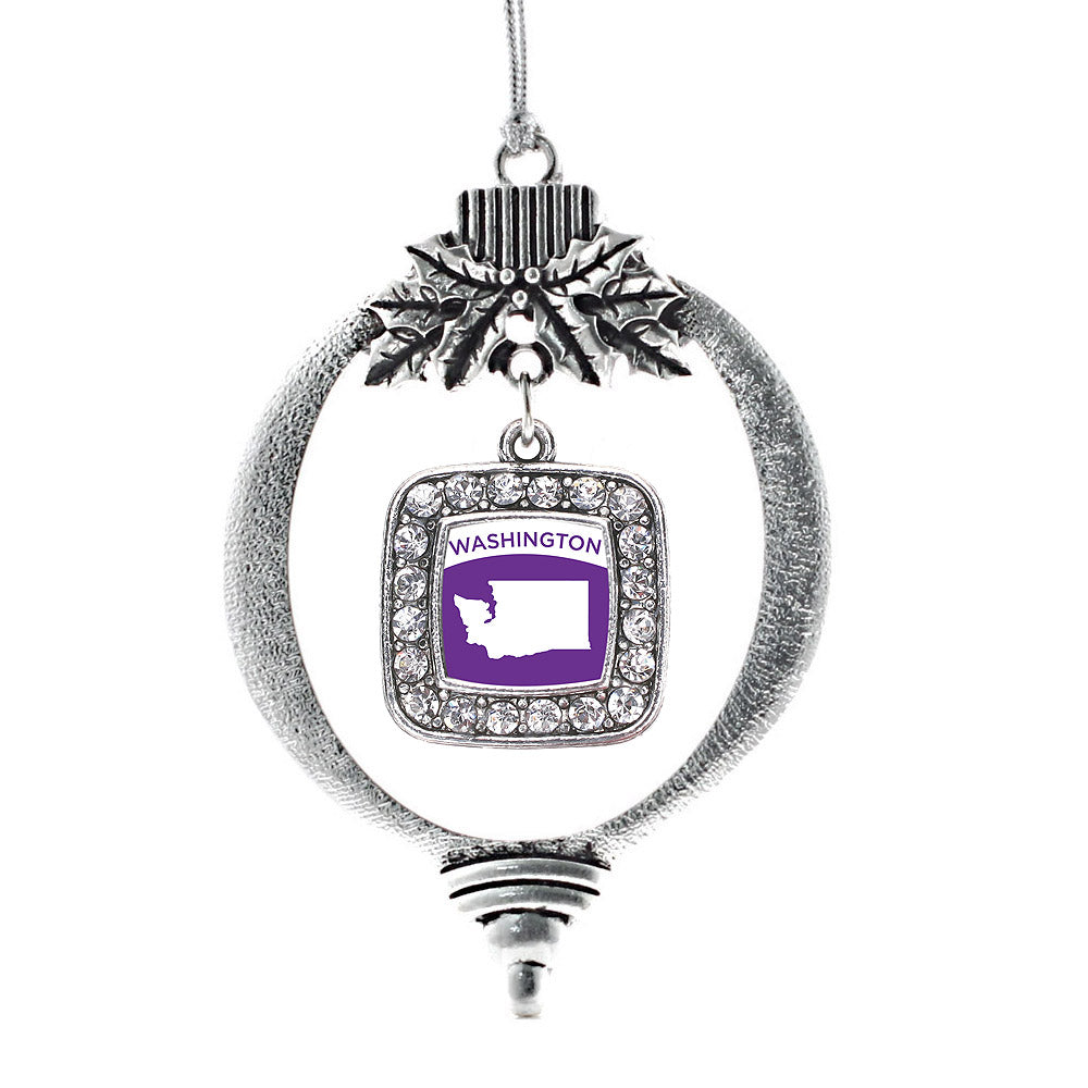 Silver Washington Outline Square Charm Holiday Ornament