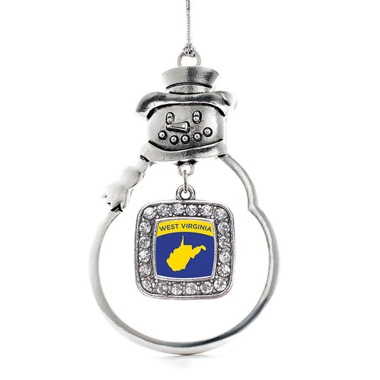 Silver West Virginia Outline Square Charm Snowman Ornament