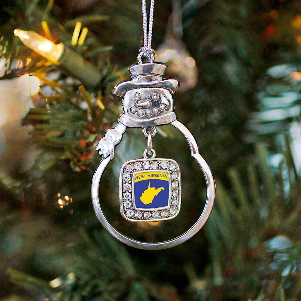 Silver West Virginia Outline Square Charm Snowman Ornament
