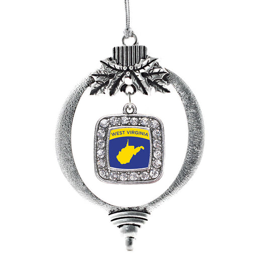 Silver West Virginia Outline Square Charm Holiday Ornament