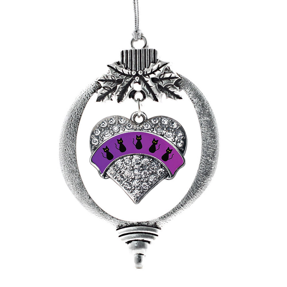 Silver Black Cats Pave Heart Charm Holiday Ornament
