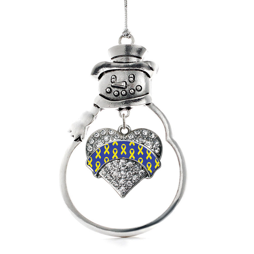 Silver Down Syndrome Awareness & Support Pave Heart Charm Snowman Ornament