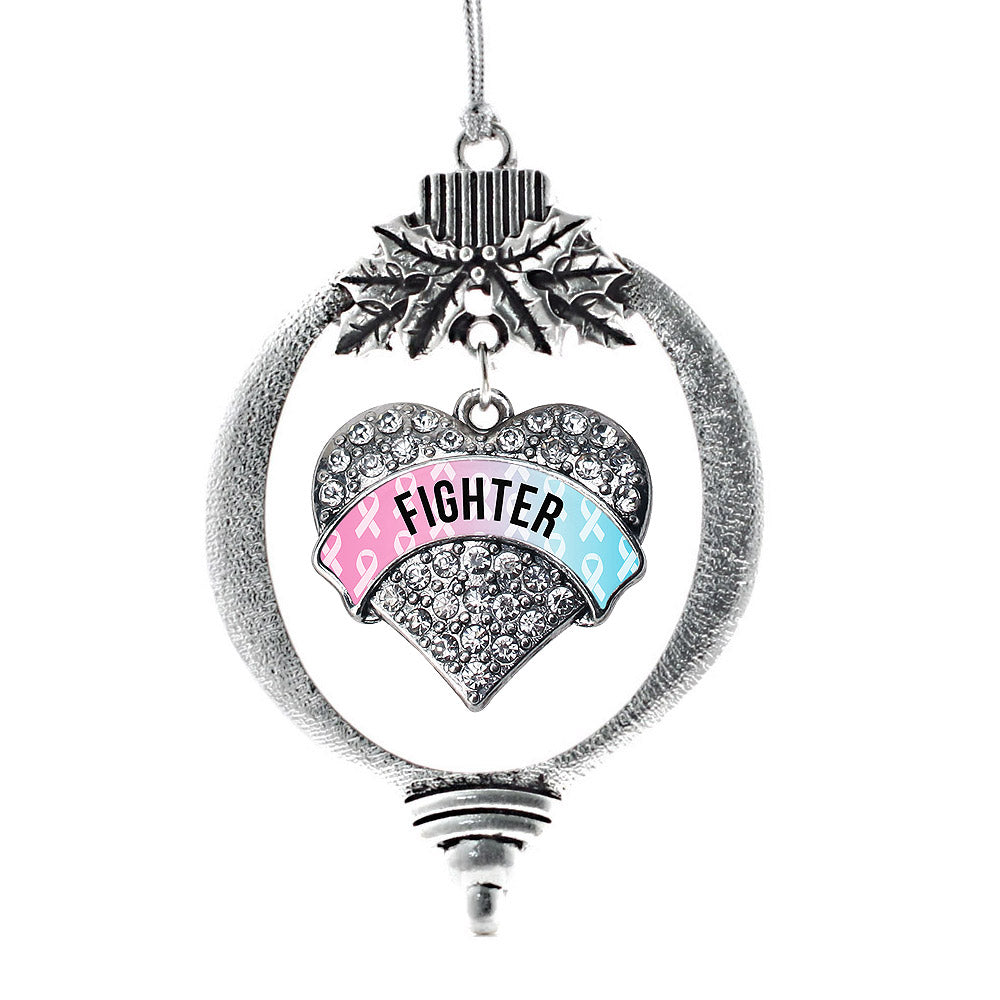 Silver Light Blue & Light Pink Ribbon Fighter Pave Heart Charm Holiday Ornament