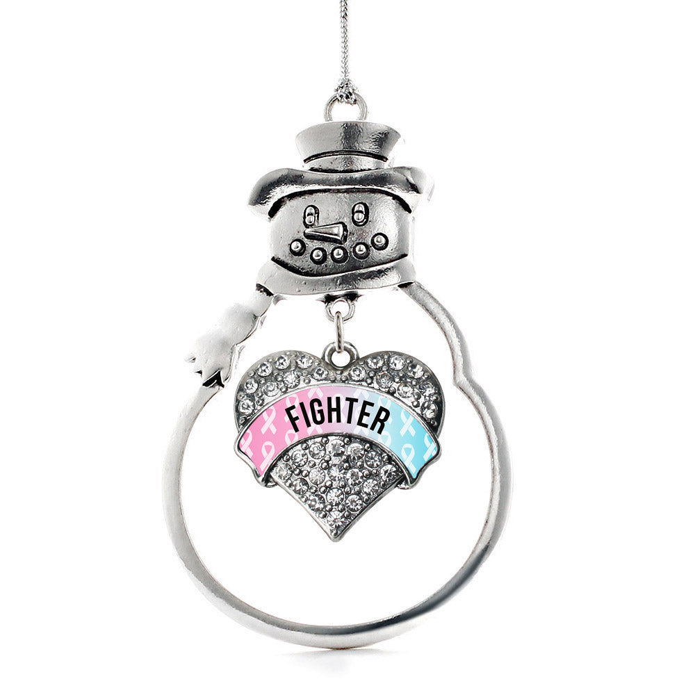 Silver Light Blue & Light Pink Ribbon Fighter Pave Heart Charm Snowman Ornament