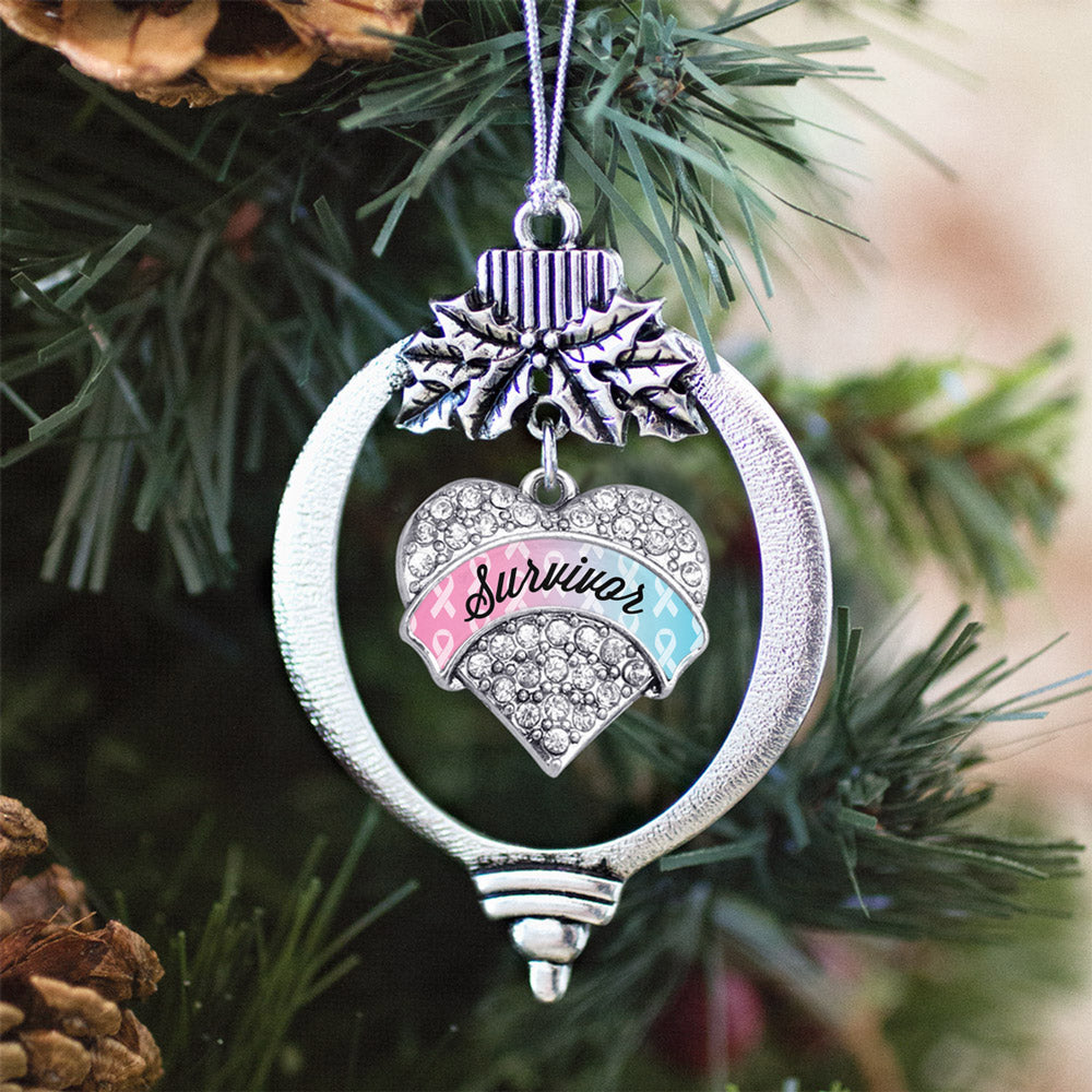 Silver Light Blue & Light Pink Ribbon Survivor Pave Heart Charm Holiday Ornament