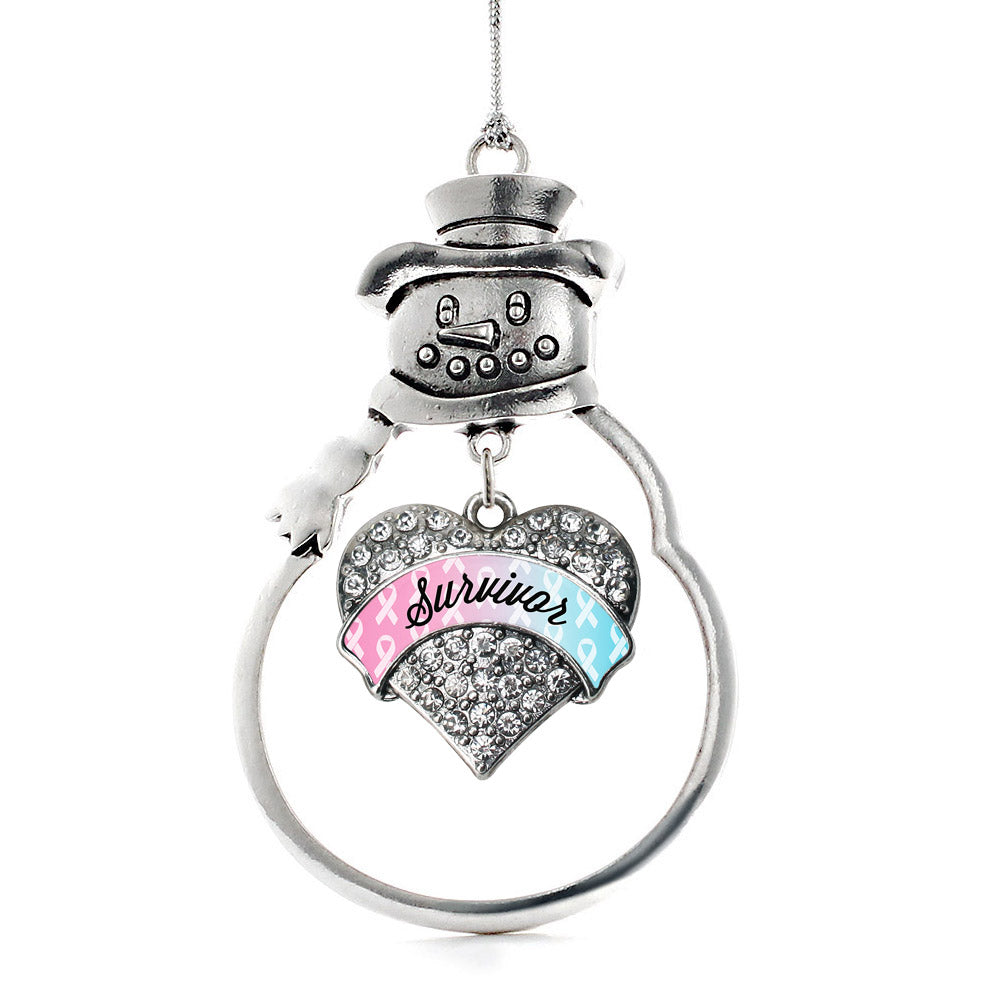 Silver Light Blue & Light Pink Ribbon Survivor Pave Heart Charm Snowman Ornament