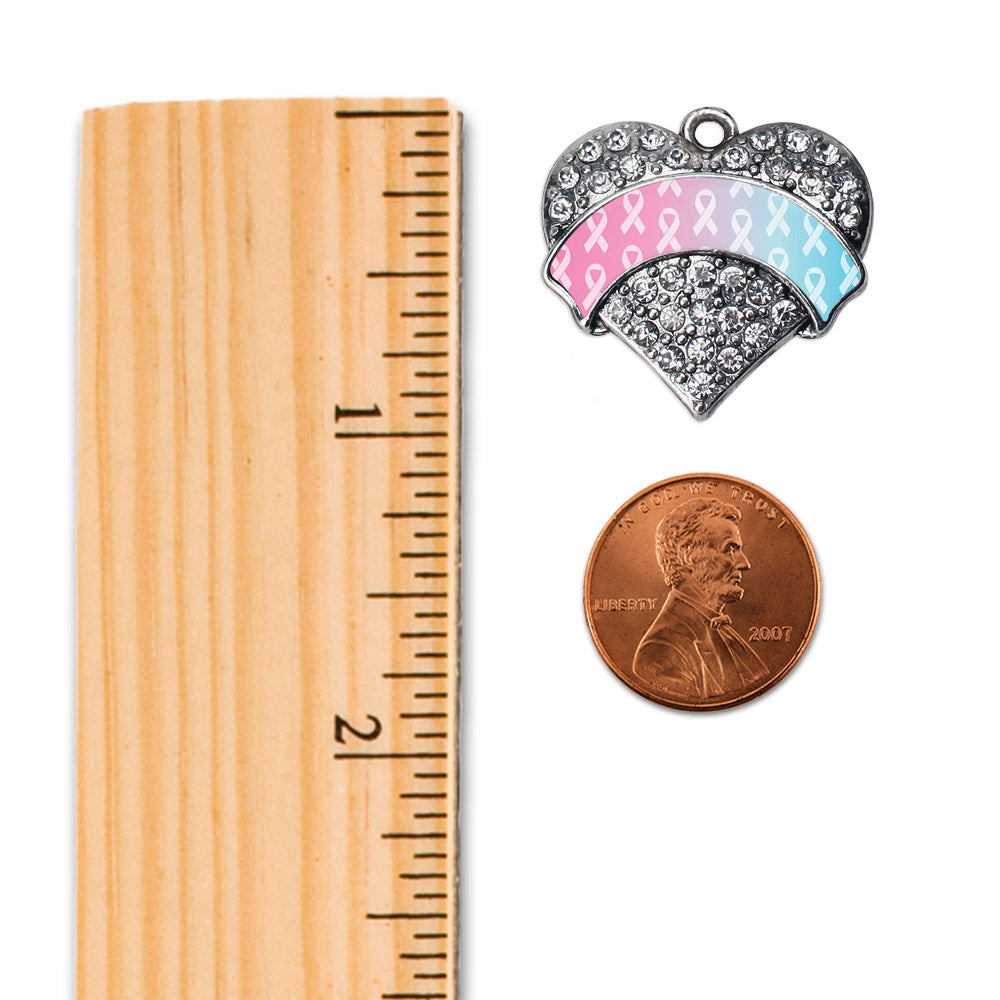 Silver Light Blue & Light Pink Ribbon Support Pave Heart Charm Holiday Ornament