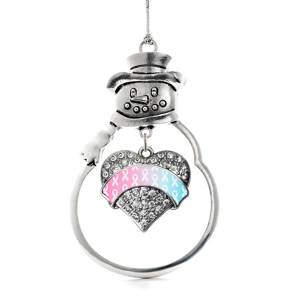 Silver Light Blue & Light Pink Ribbon Support Pave Heart Charm Snowman Ornament