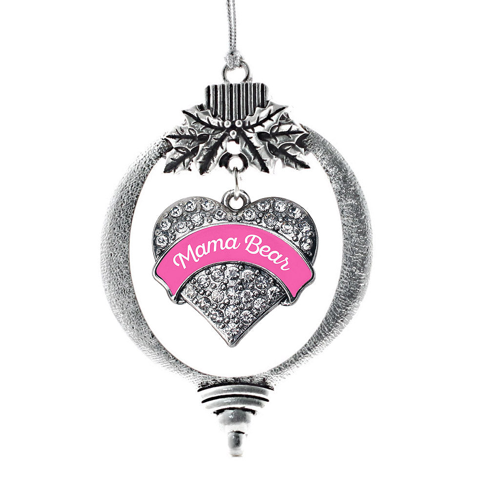 Silver Pink Script Mama Bear Pave Heart Charm Holiday Ornament