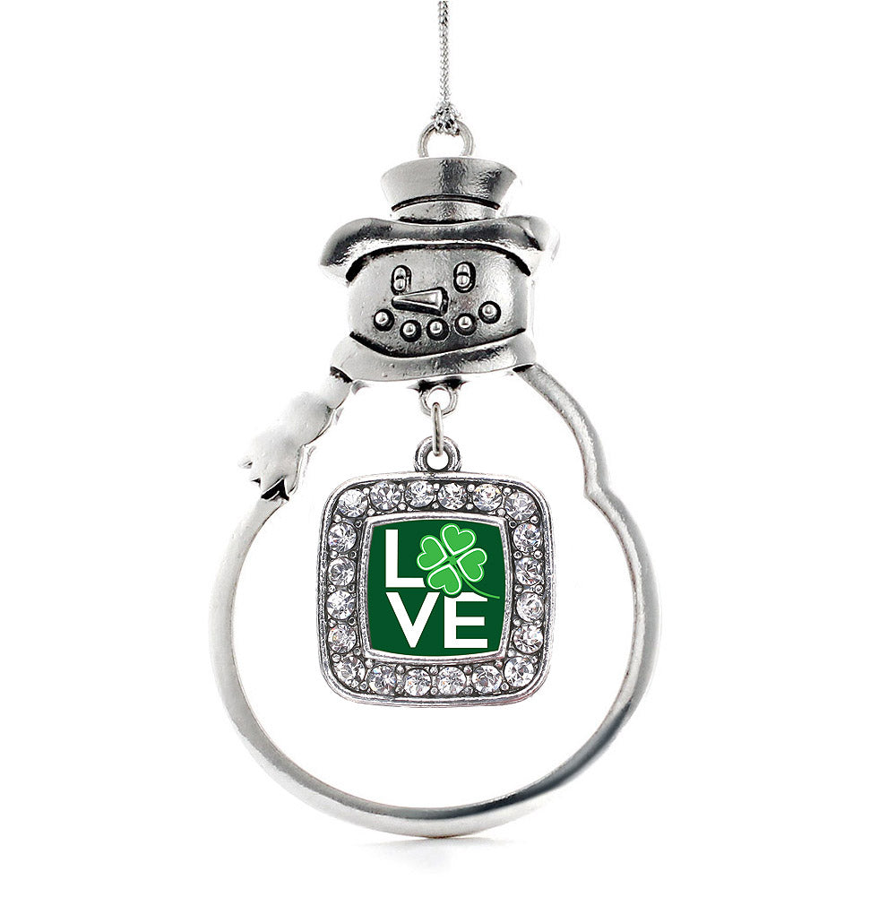 Silver Lucky Clover Of Love Square Charm Snowman Ornament
