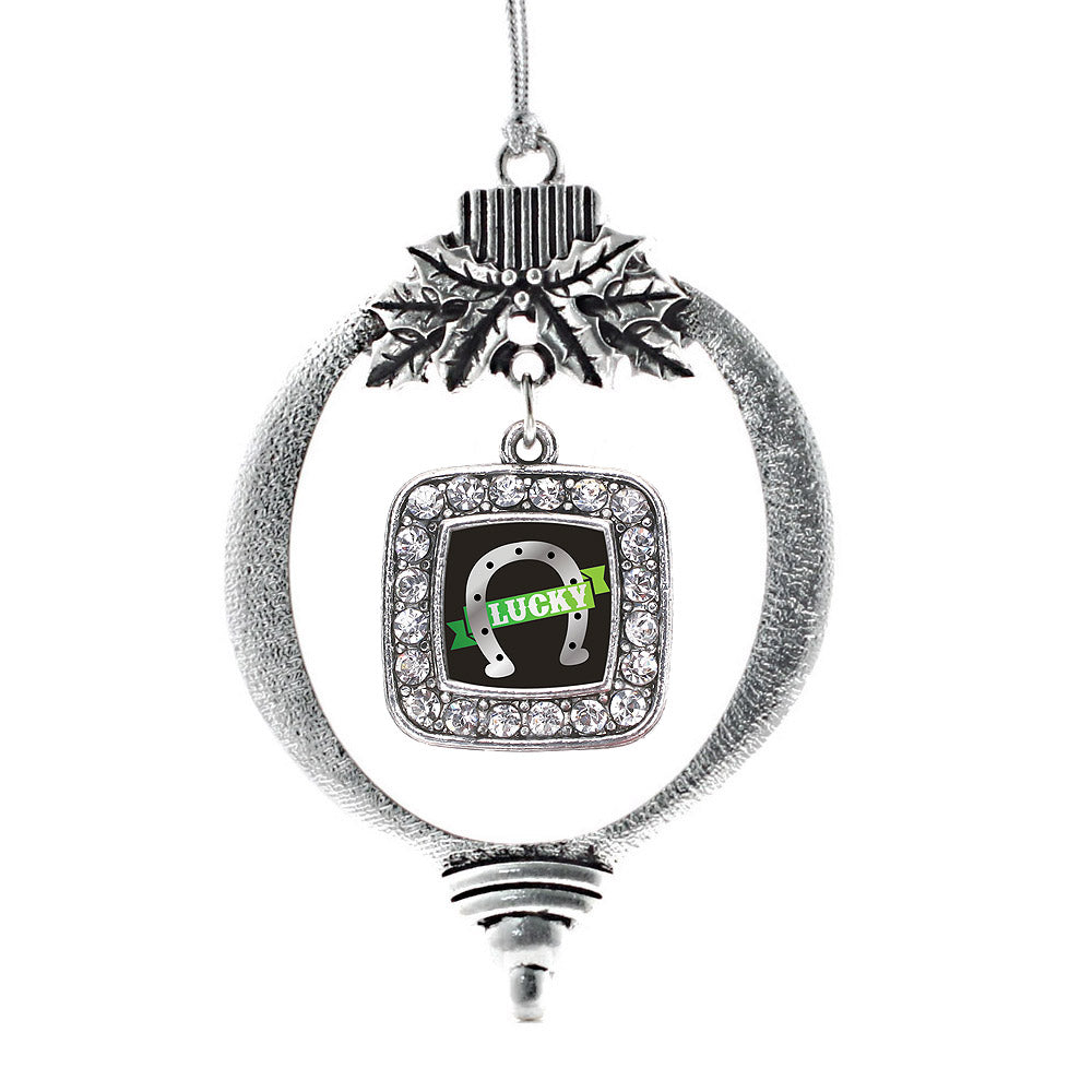 Silver Lucky Horse Shoe Square Charm Holiday Ornament