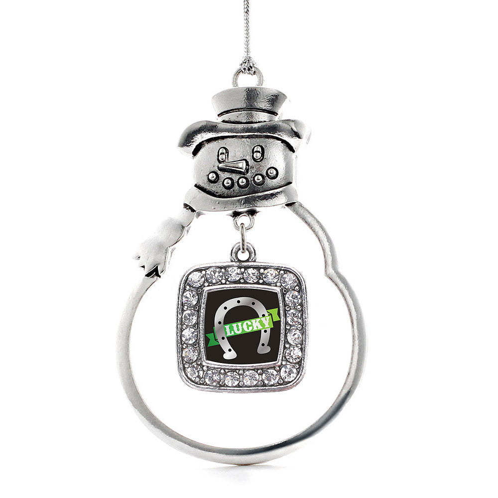 Silver Lucky Horse Shoe Square Charm Snowman Ornament