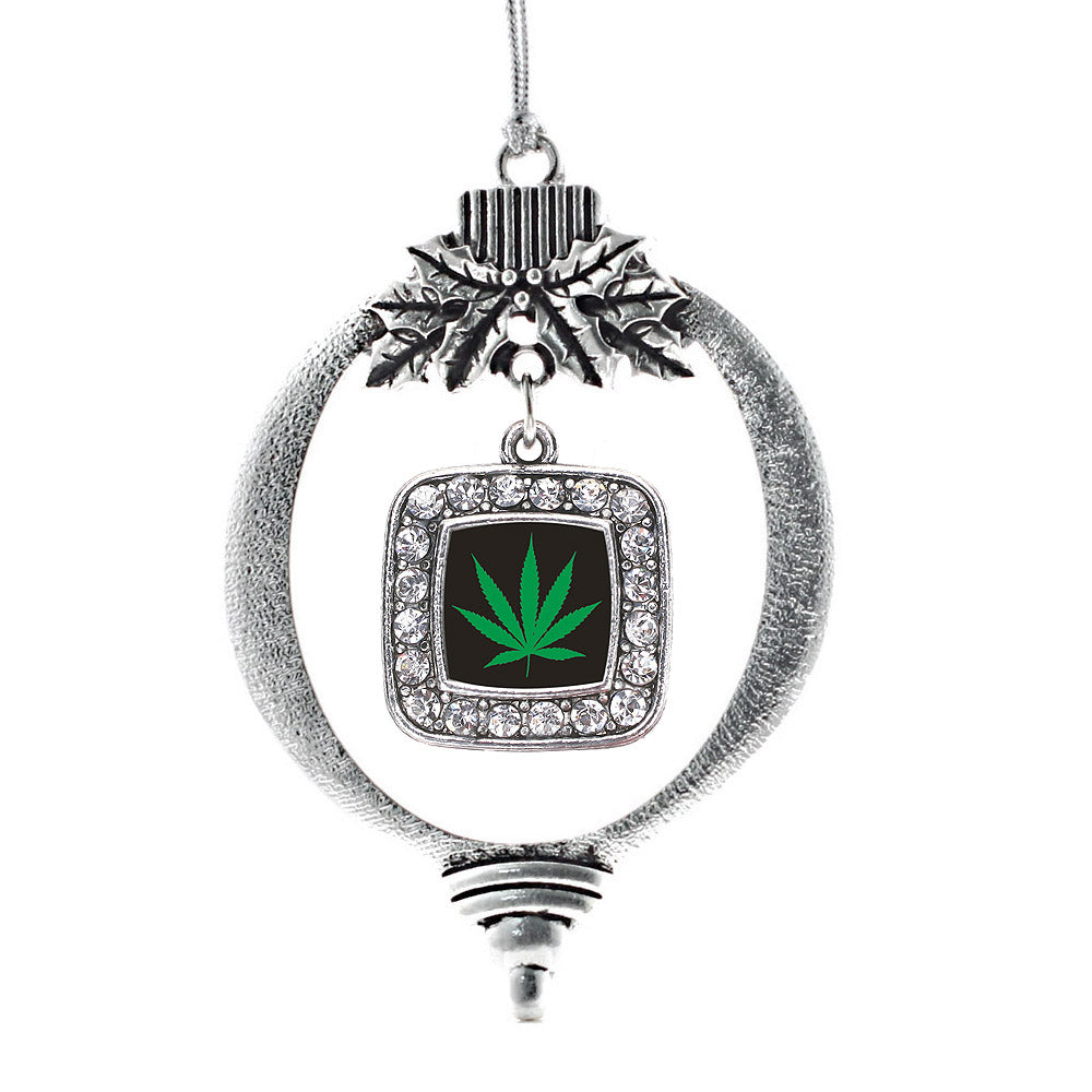 Silver Marijuana Leaf Square Charm Holiday Ornament