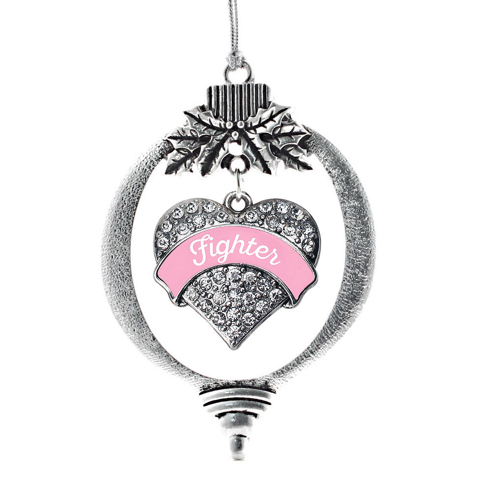Silver Pink Script Fighter Breast Cancer Support Pave Heart Charm Holiday Ornament
