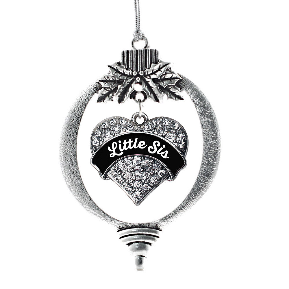 Silver Black and White Little Sister Pave Heart Charm Holiday Ornament