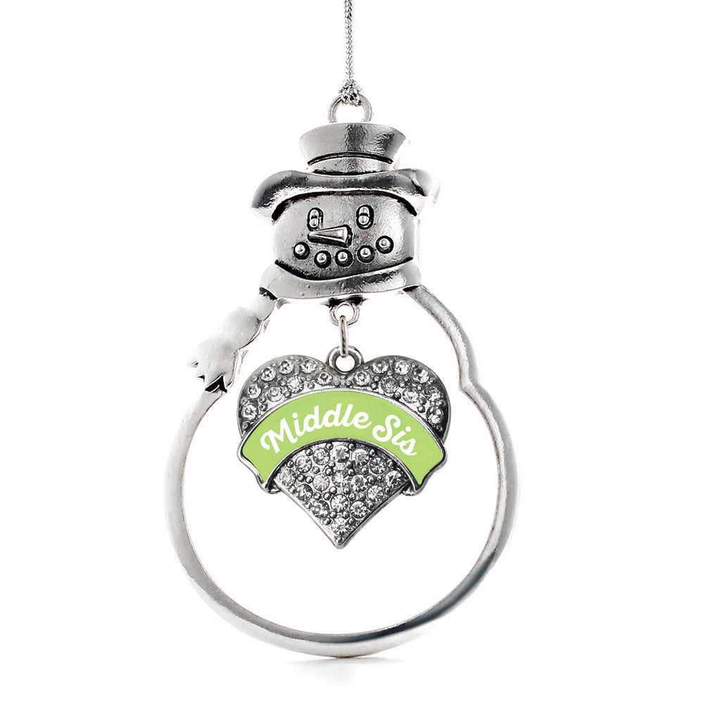 Silver Sage Green Middle Sister Pave Heart Charm Snowman Ornament