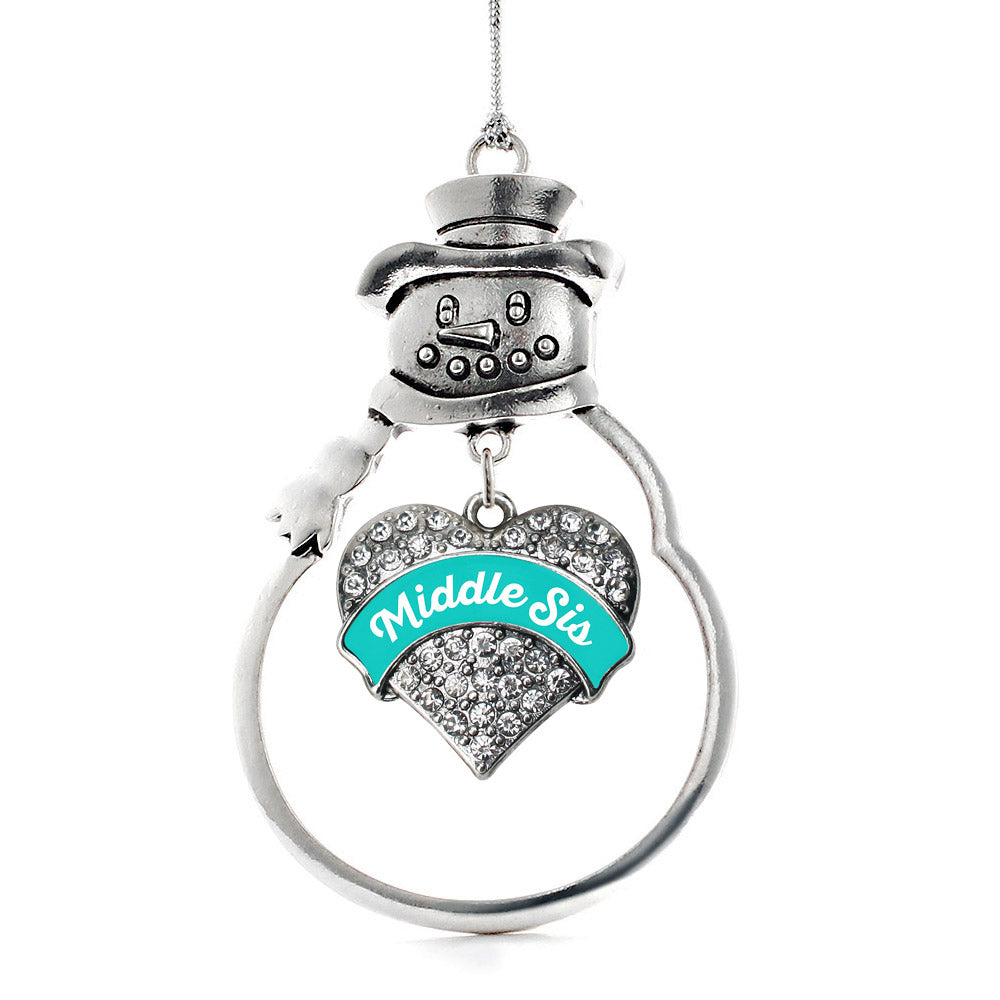 Silver Teal Middle Sister Pave Heart Charm Snowman Ornament