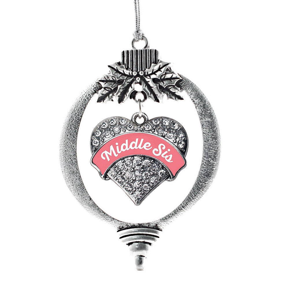 Silver Coral Middle Sister Pave Heart Charm Holiday Ornament