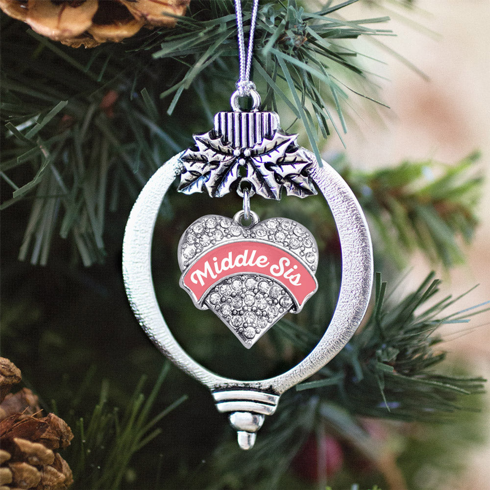 Silver Coral Middle Sister Pave Heart Charm Holiday Ornament