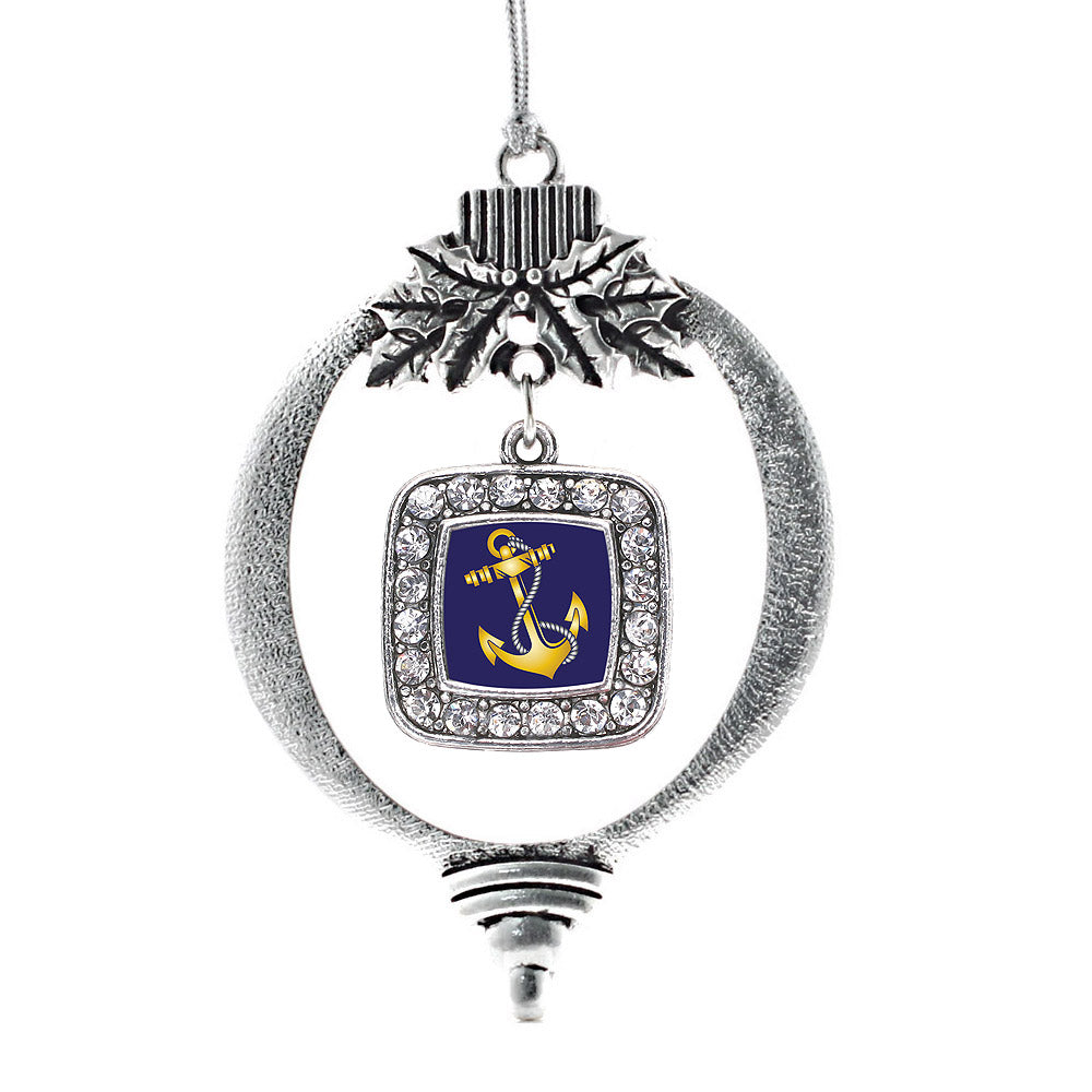Silver Navy Anchor Square Charm Holiday Ornament