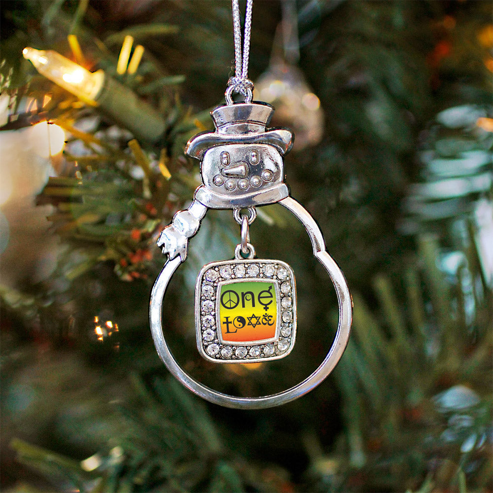 Silver One Love Coexist Square Charm Snowman Ornament