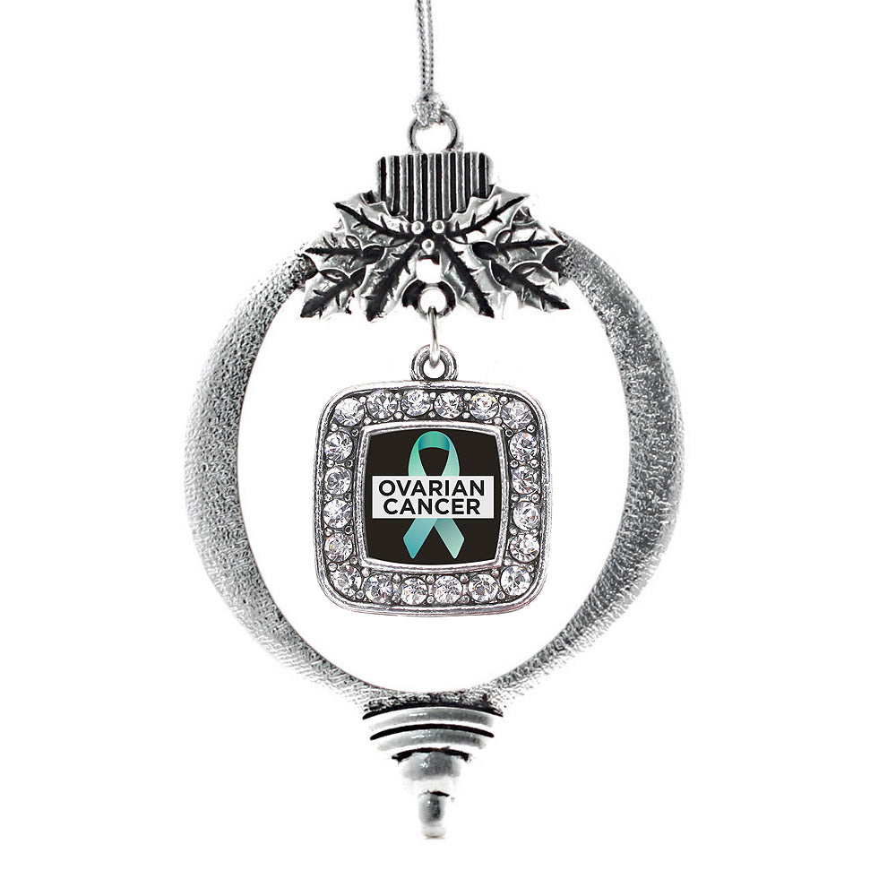 Silver Ovarian Cancer Square Charm Holiday Ornament