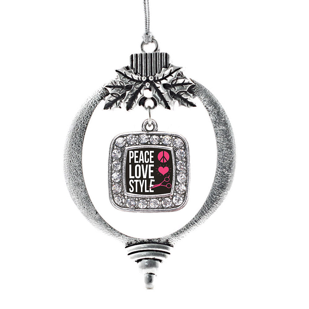 Silver Peace, Love, And Style Square Charm Holiday Ornament