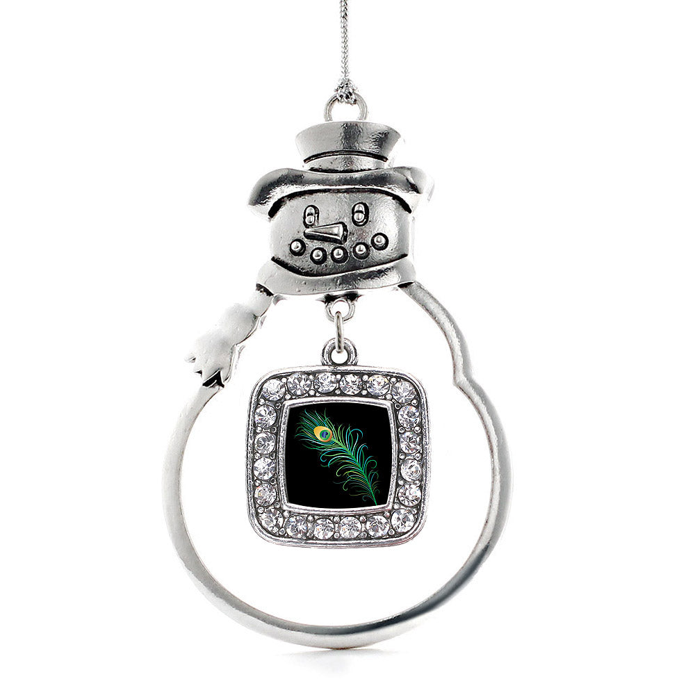 Silver Peacock Feather Square Charm Snowman Ornament