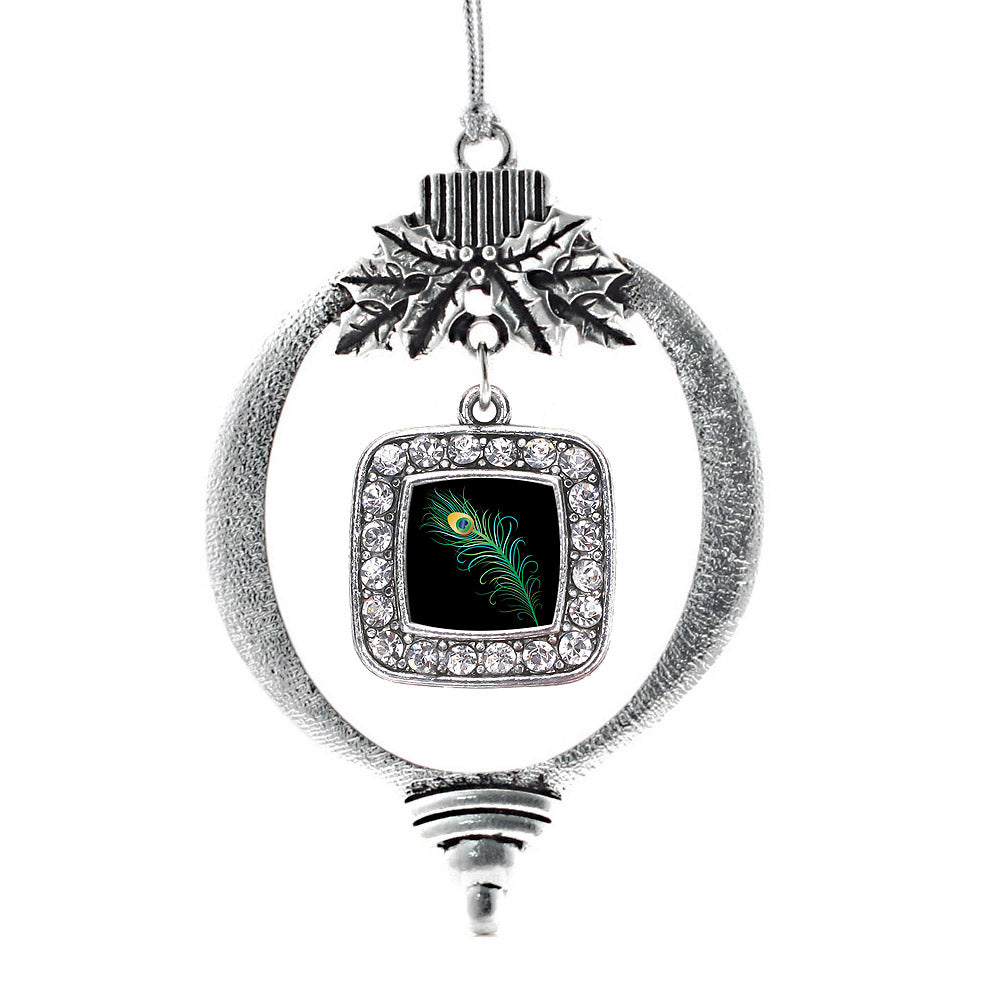 Silver Peacock Feather Square Charm Holiday Ornament