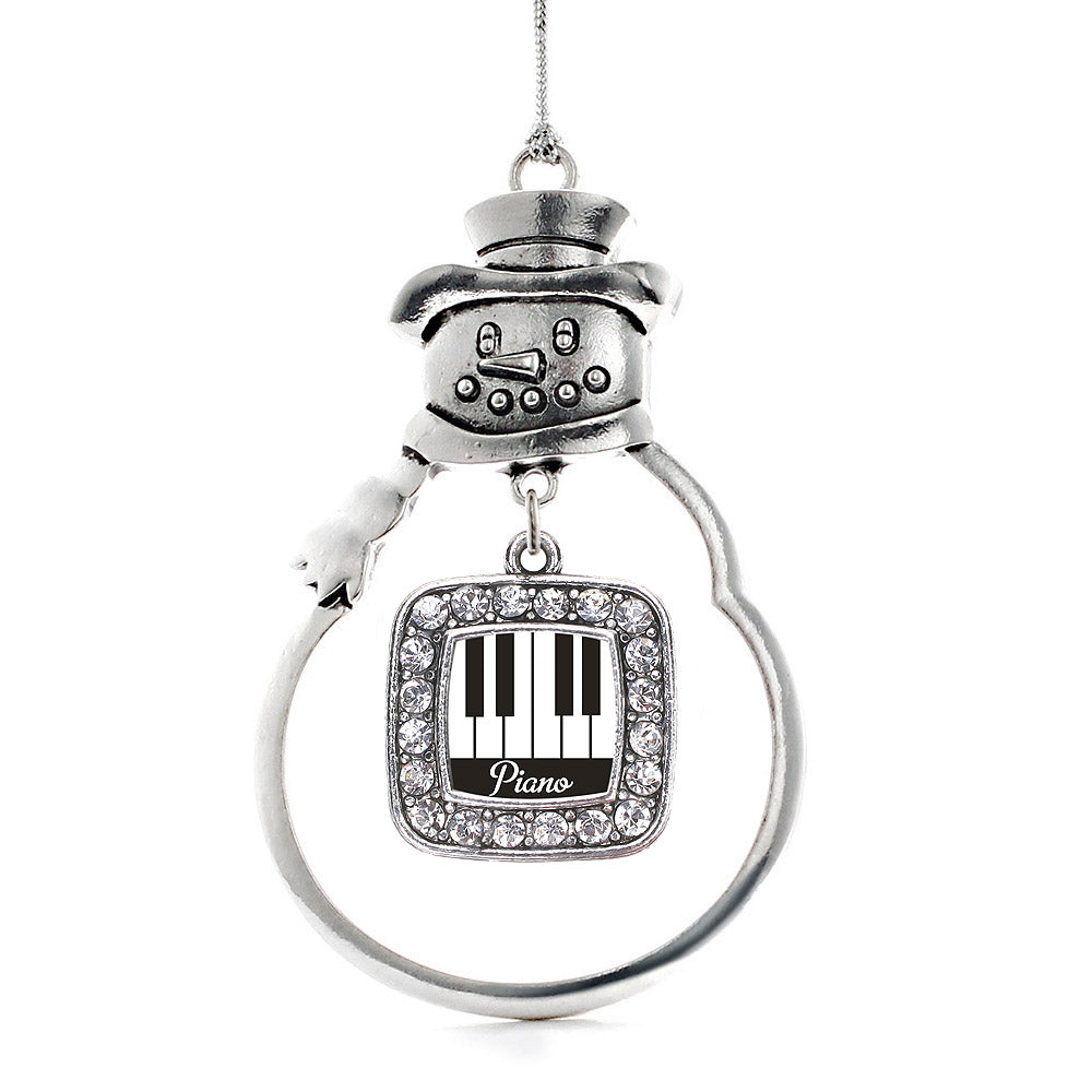 Silver Piano Lovers Square Charm Snowman Ornament
