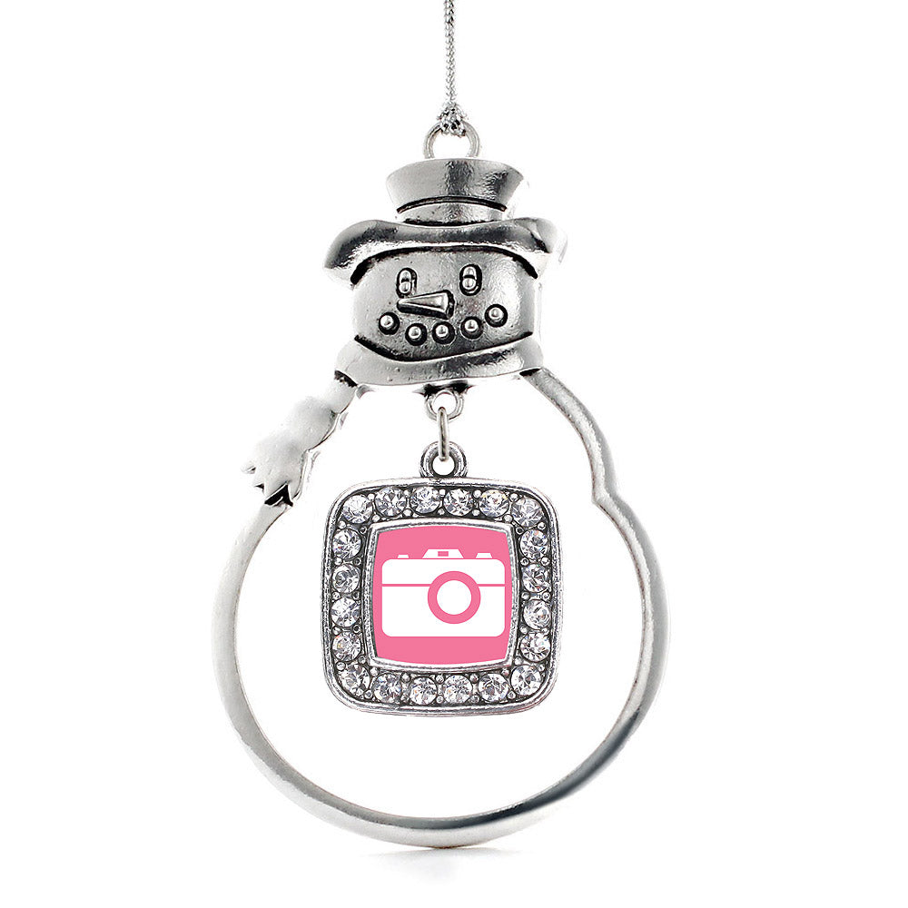Silver Pink Camera Square Charm Snowman Ornament