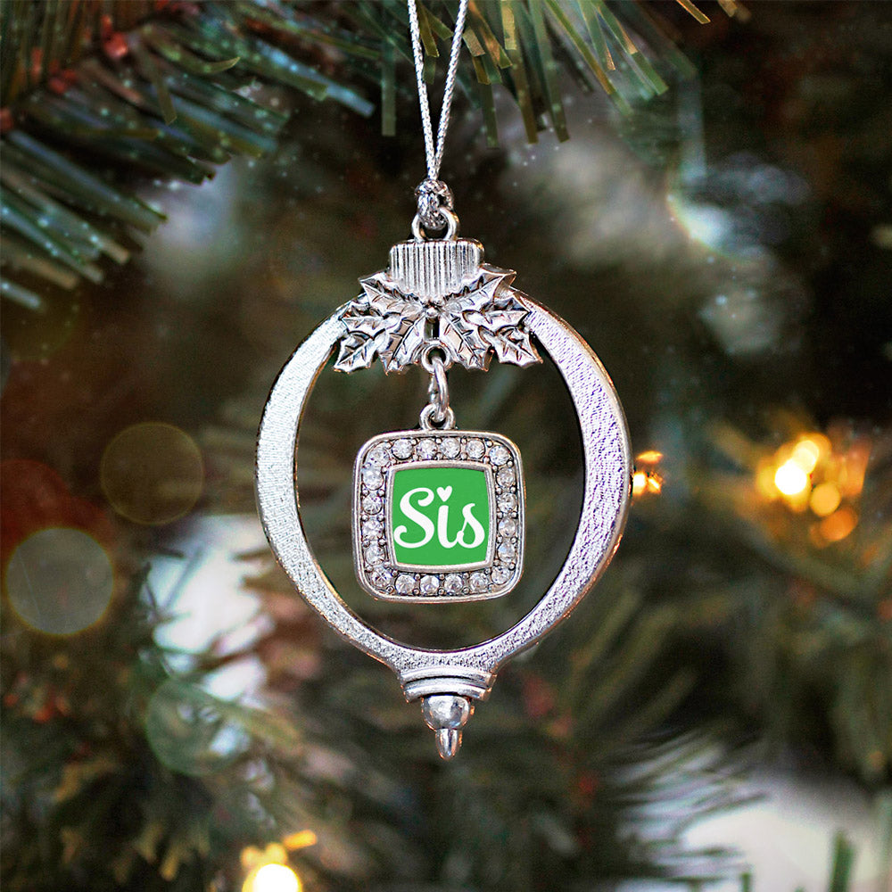 Silver Sis Green Script Square Charm Holiday Ornament