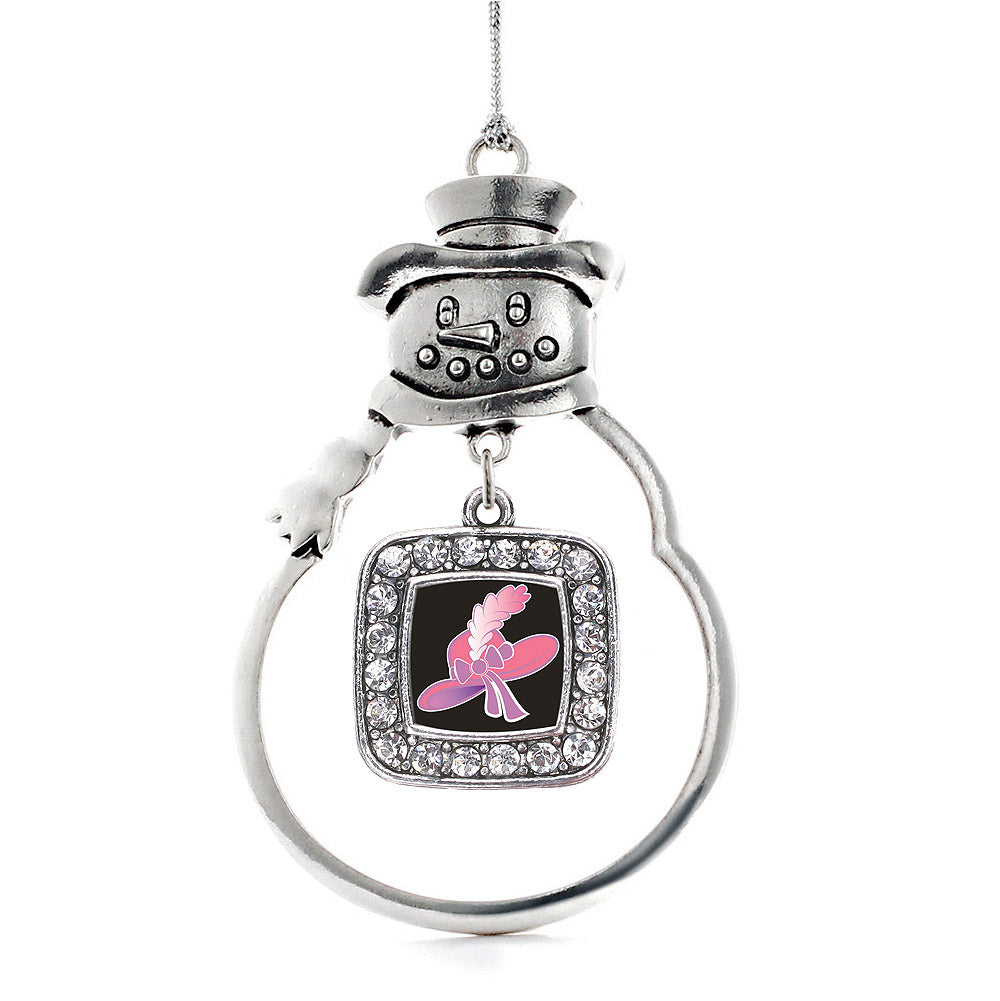 Silver Pink Hat Square Charm Snowman Ornament
