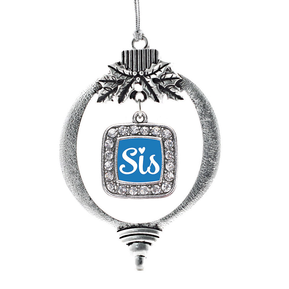 Silver Sis Blue Script Square Charm Holiday Ornament