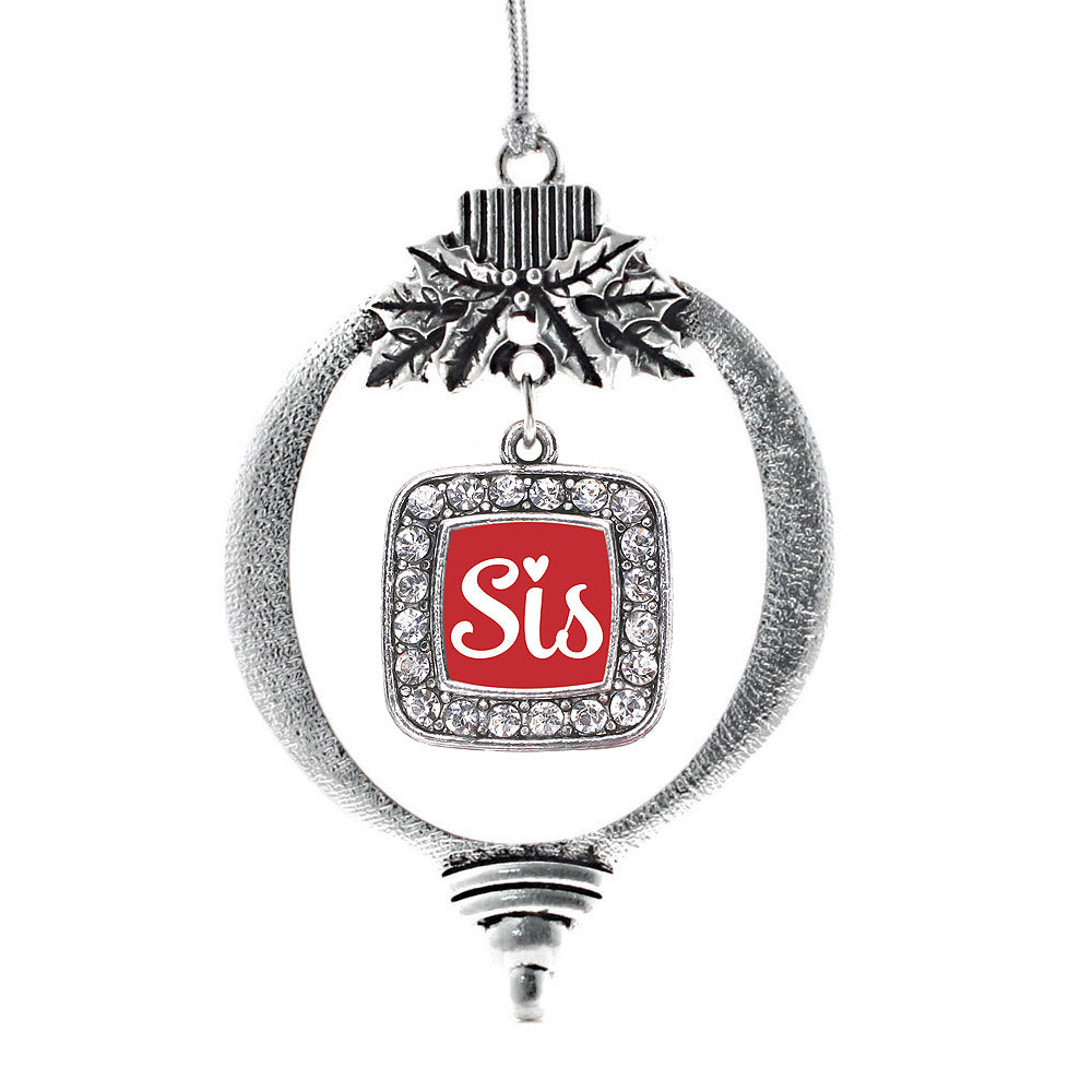 Silver Sis Red Script Square Charm Holiday Ornament