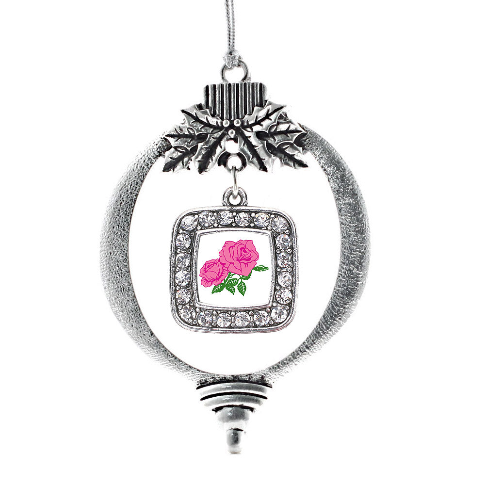 Silver Pink Rose Square Charm Holiday Ornament