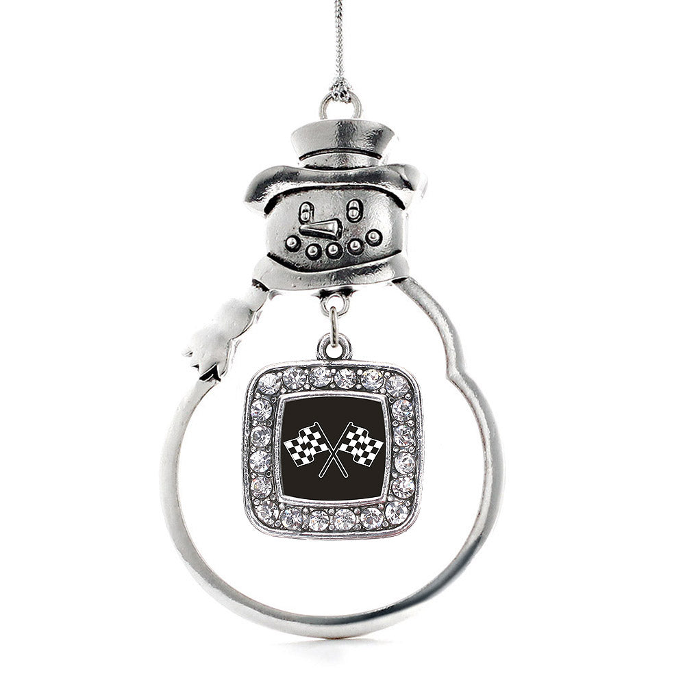 Silver Racing Flags Square Charm Snowman Ornament