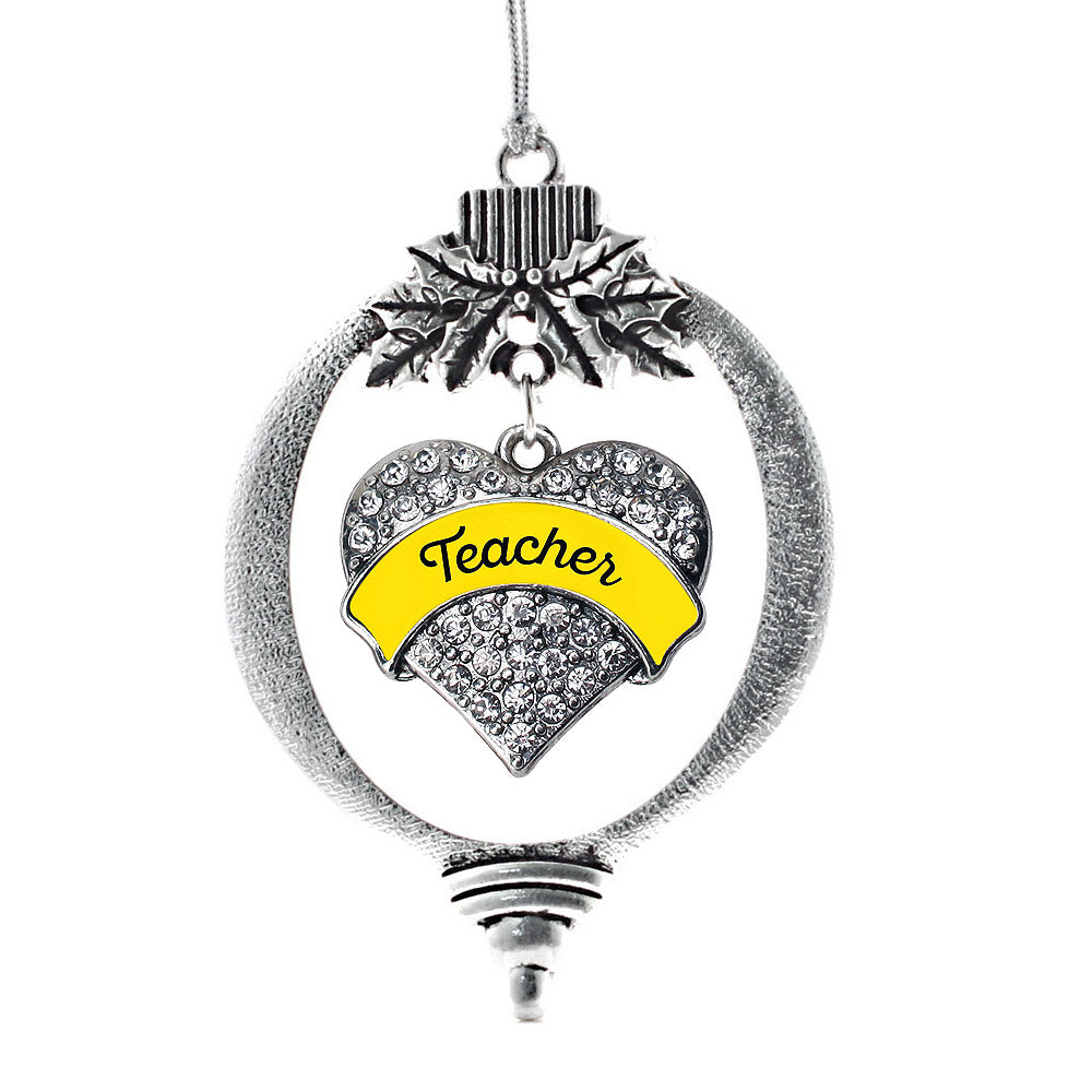Silver Yellow Teacher Pave Heart Charm Holiday Ornament