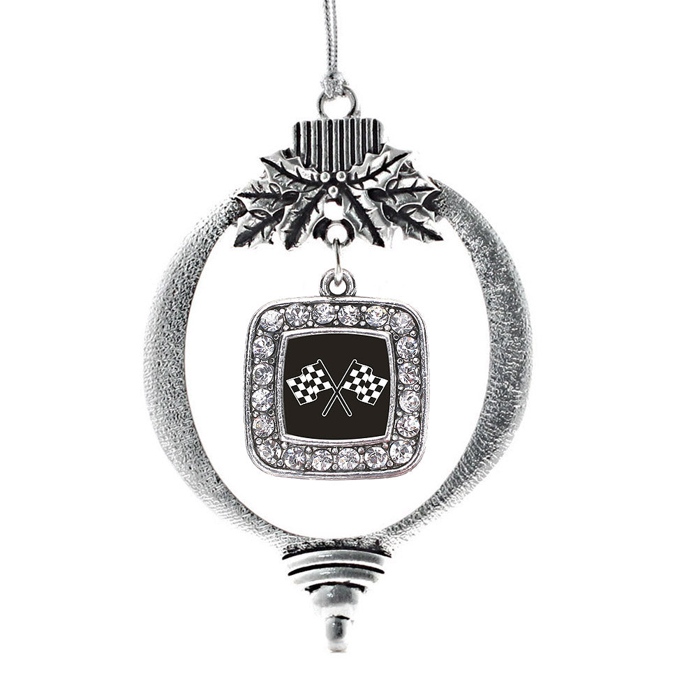 Silver Racing Flags Square Charm Holiday Ornament