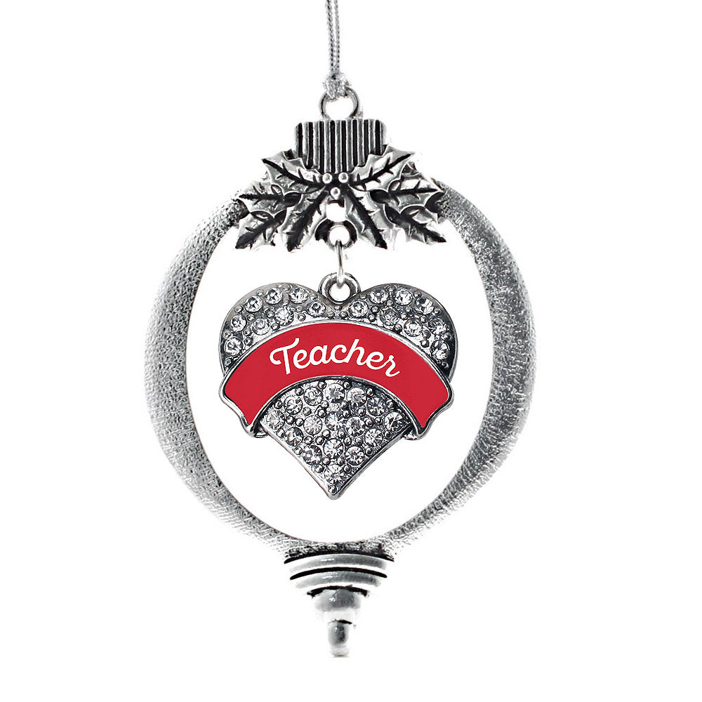 Silver Red Teacher Pave Heart Charm Holiday Ornament