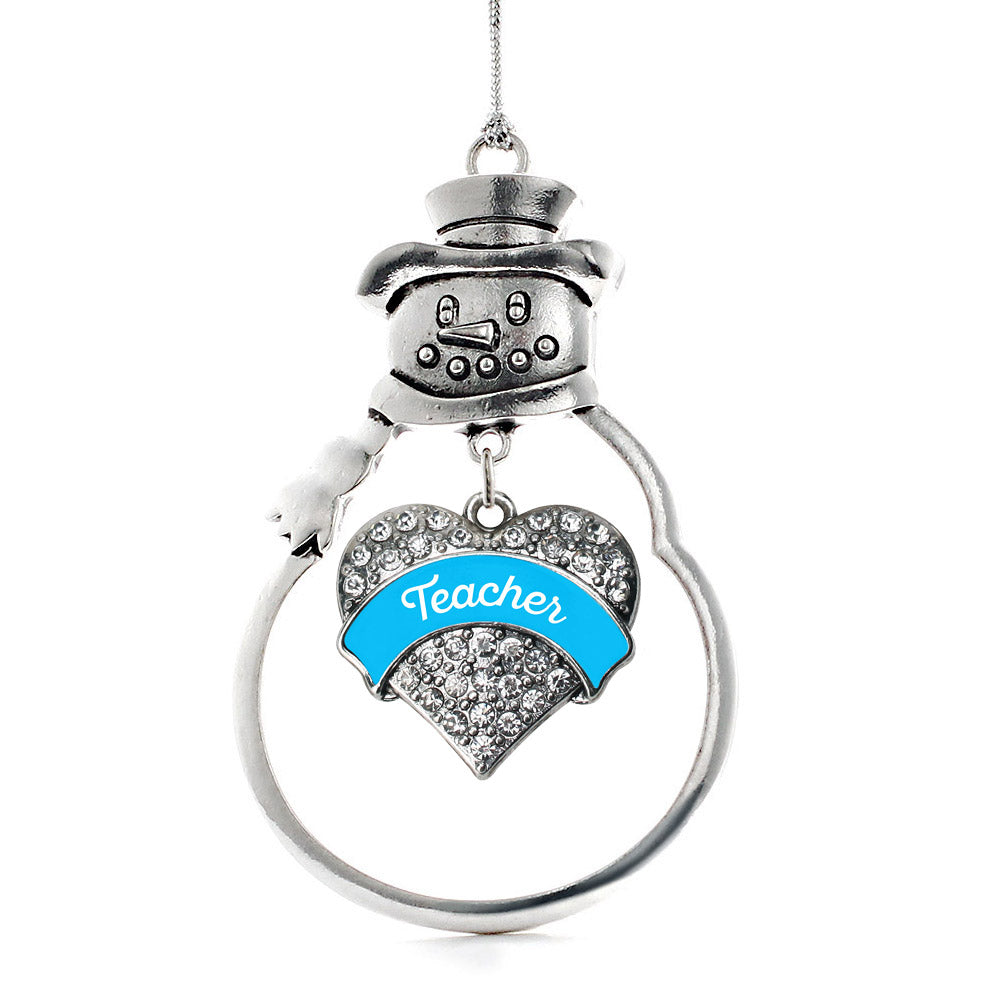 Silver Blue Teacher Pave Heart Charm Snowman Ornament