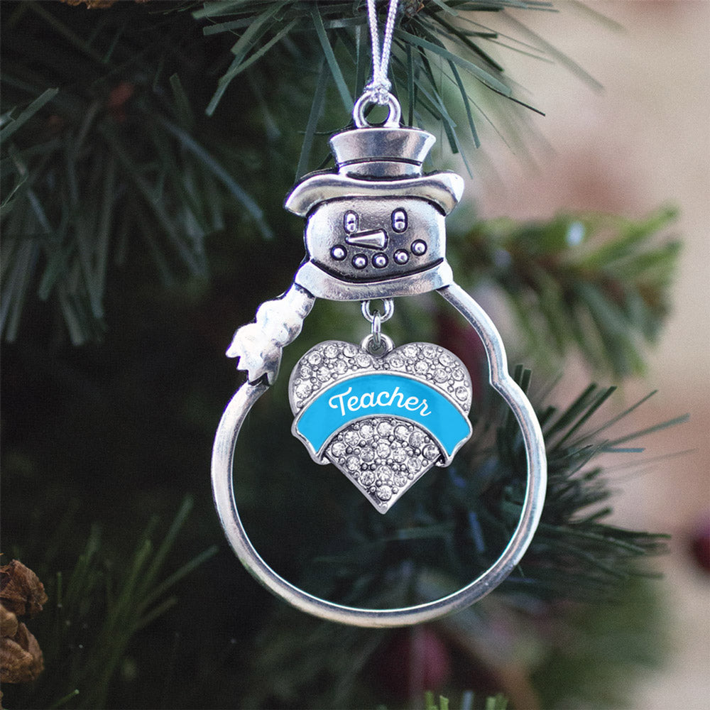 Silver Blue Teacher Pave Heart Charm Snowman Ornament